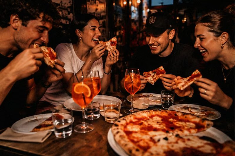 Vier Freunde lachen am Tisch, jeder mit einem Stück Pizza in der Hand