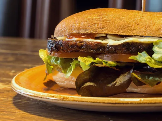 Burger mit Salat und Soße auf dem Teller