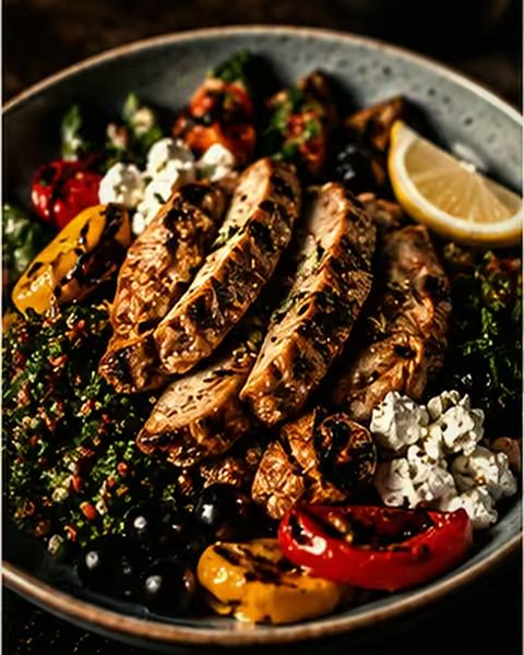 Schale mit gegrillten Hähnchenstreifen, buntem Gemüse, Oliven und Feta