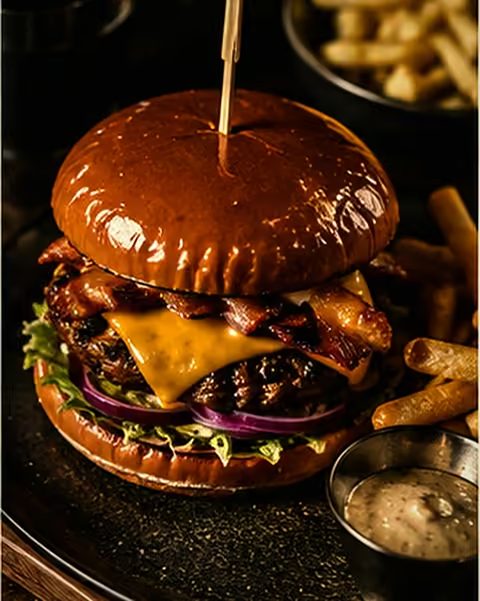 Burger mit Cheddar, Speck und roten Zwiebeln, daneben Pommes