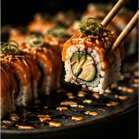 Ein Sushi-Stück wird mit Stäbchen von der Platte gehoben