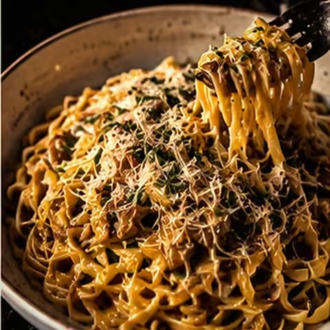 Pasta wird mit der Gabel aus einer Schüssel gehoben