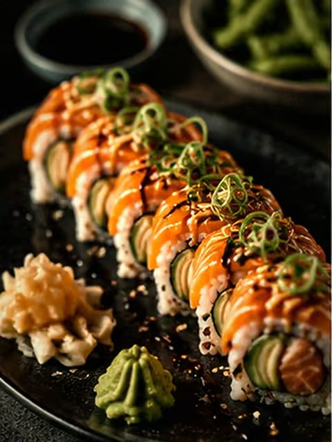 Eine lange Sushi-Rolle mit Lachs und Gurke auf schwarzem Teller