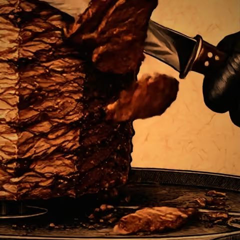 Mit dem langen Messer werden dünne Scheiben vom Drehspieß geschnitten