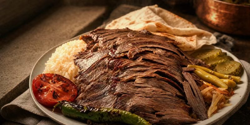 Yaprak Döner: dünn geschnittenes Fleisch vom Spieß mit Reis, Fladenbrot, gegrillter Tomate und Peperoni auf einer Platte