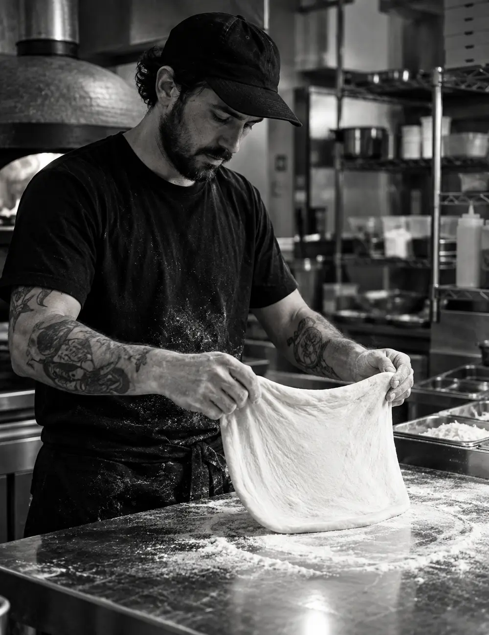 Pizzaiolo formt einen Pizzateig von Hand